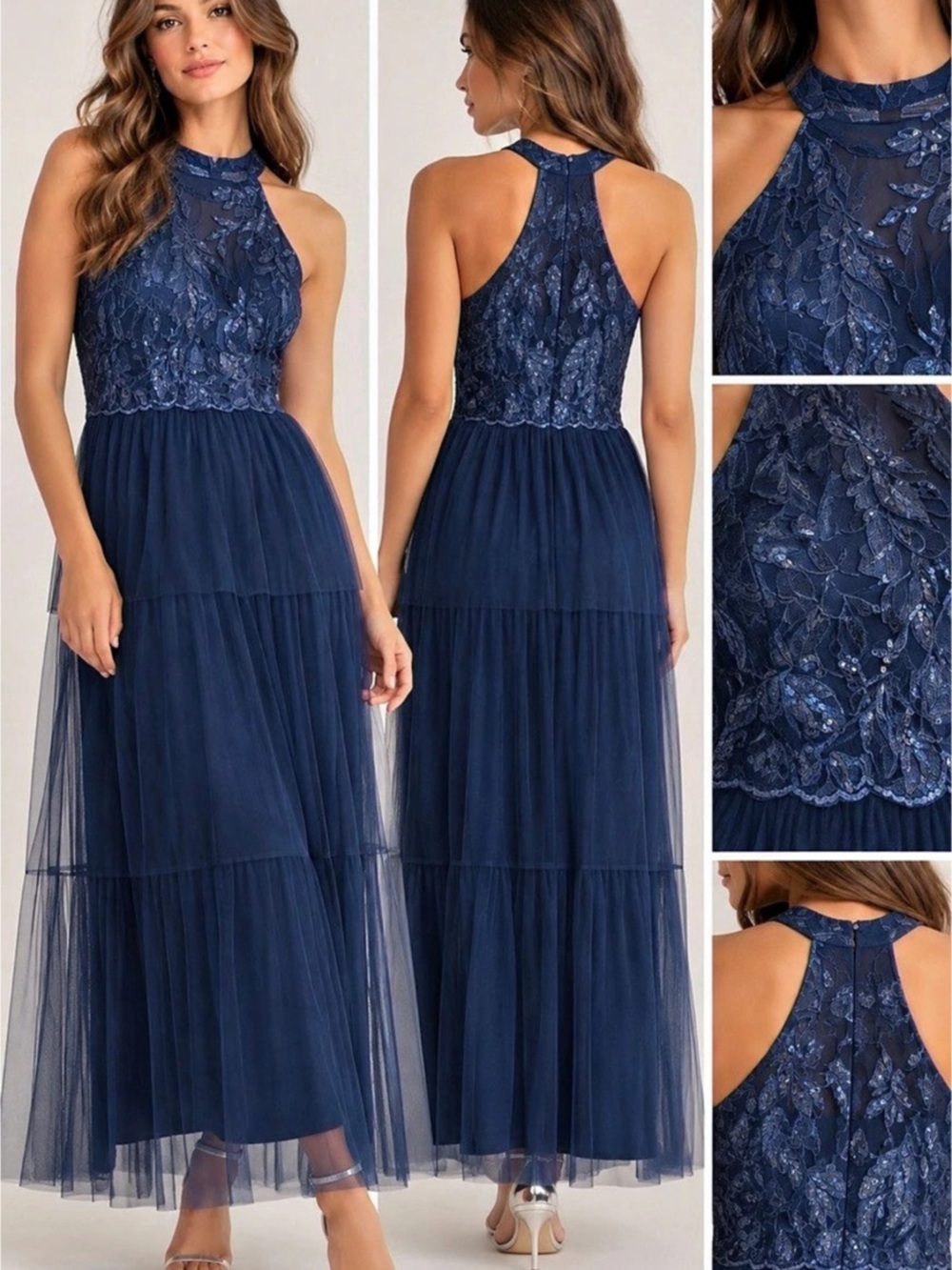 Candalite  Petite Floral Lace Maxi Dress in Blue Size PM NWT
